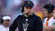 Nov 30, 2024; Tucson, Arizona, USA; Arizona State Sun Devils head coach Kenny Dillingham against the Arizona Wildcats during the Territorial Cup at Arizona Stadium. Mandatory Credit: Mark J. Rebilas-Imagn Images