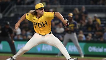 Sep 5, 2025; Pittsburgh, Pennsylvania, USA;  Pittsburgh Pirates relief pitcher Carmen Mlodzinski (50) pitches against the Milwaukee Brewers during the sixth inning at PNC Park. Mandatory Credit: Charles LeClaire-Imagn Images