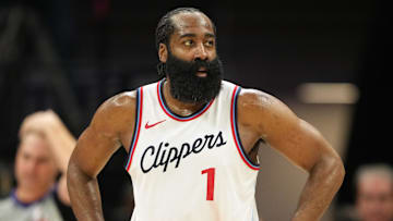Apr 11, 2025; Sacramento, California, USA; Los Angeles Clippers guard James Harden (1) during the third quarter against the Sacramento Kings at Golden 1 Center. Mandatory Credit: Darren Yamashita-Imagn Images