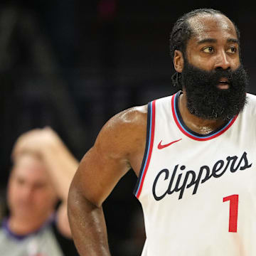 Apr 11, 2025; Sacramento, California, USA; Los Angeles Clippers guard James Harden (1) during the third quarter against the Sacramento Kings at Golden 1 Center. Mandatory Credit: Darren Yamashita-Imagn Images