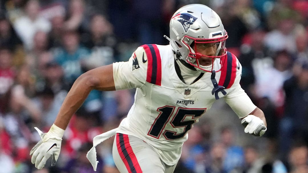 Oct 20, 2024; London, United Kingdom; New England Patriots safety Marte Mapu (15) against the Jacksonville Jaguars in the second half of an NFL International Series game at Wembley Stadium. Mandatory Credit: Kirby Lee-Imagn Images