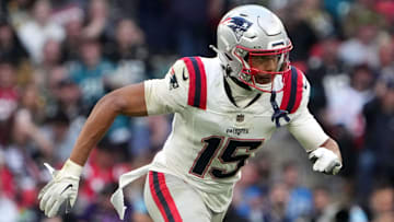 Oct 20, 2024; London, United Kingdom; New England Patriots safety Marte Mapu (15) against the Jacksonville Jaguars in the second half of an NFL International Series game at Wembley Stadium. Mandatory Credit: Kirby Lee-Imagn Images
