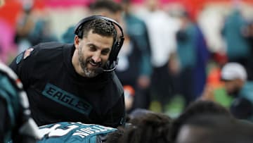 Feb 9, 2025; New Orleans, LA, USA; Philadelphia Eagles head coach Nick Sirianni reacts as he talks with players during the second half of Super Bowl LIX at Caesars Superdome. Mandatory Credit: Geoff Burke-Imagn Images