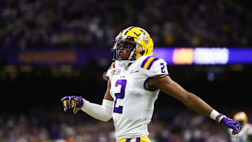 Jan 13, 2020; New Orleans, Louisiana, USA; LSU Tigers wide receiver Justin Jefferson (2) against the Clemson Tigers in the College Football Playoff national championship game at Mercedes-Benz Superdome. Mandatory Credit: Mark J. Rebilas-Imagn Images