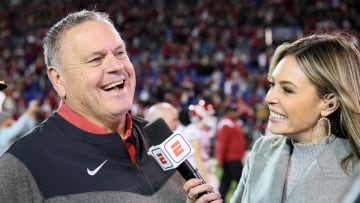 Dec 28, 2022; Memphis, TN, USA; Arkansas Razorbacks head coach Sam Pittman talks to ESPN reporter Taylor McGregor after defeating the Kansas Jayhawks in the 2022 Liberty Bowl at Liberty Bowl Memorial Stadium. Arkansas won 55-53. Mandatory Credit: Nelson Chenault-USA TODAY Sports