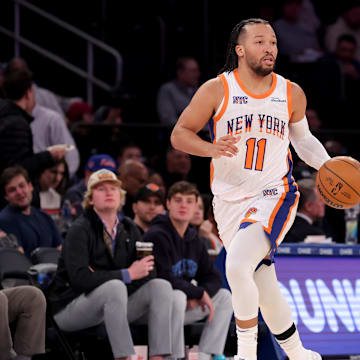 New York Knicks guard Jalen Brunson brings the ball up court against the Oklahoma City Thunder. Mandatory Credit: Brad Penner-Imagn Images