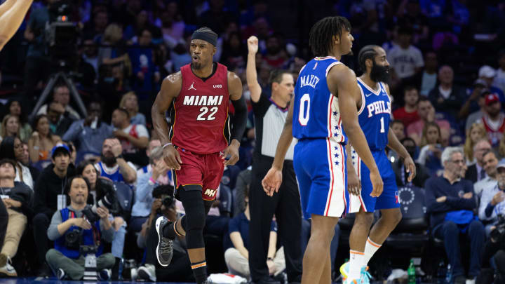 May 12, 2022; Philadelphia, Pennsylvania, USA; Miami Heat forward Jimmy Butler (22) reacts after scoring against the Philadelphia 76ers during the fourth quarter in game six of the second round of the 2022 NBA playoffs at Wells Fargo Center. Mandatory Credit: Bill Streicher-USA TODAY Sports