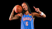 Oklahoma forward Jaylin Williams (6) poses for a photo shoot during Thunder media day at Paycom Center in Oklahoma City on Monday, Sept. 29, 2025.
