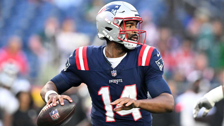 Aug 15, 2024; Foxborough, Massachusetts, USA; New England Patriots quarterback Jacoby Brissett (14) looks to pass against the Philadelphia Eagles during the first half at Gillette Stadium.