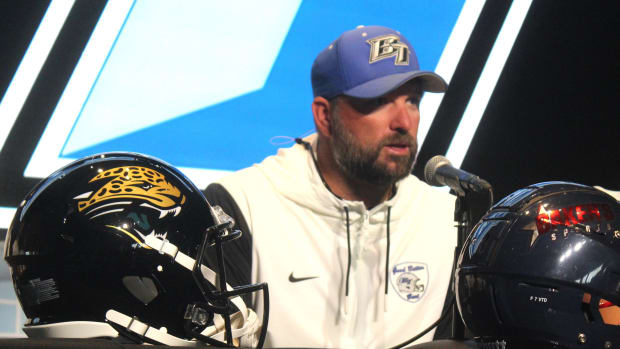 Bartram Trail coach Cory Johns speaks during Baker's Sports High School Media Day