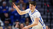 Dec 9, 2025; Lexington, Kentucky, USA; Kentucky Wildcats forward Trent Noah (9) reacts after making a three point basket during the first half against the North Carolina Central Eagles at Rupp Arena at Central Bank Center. Mandatory Credit: Jordan Prather-Imagn Images