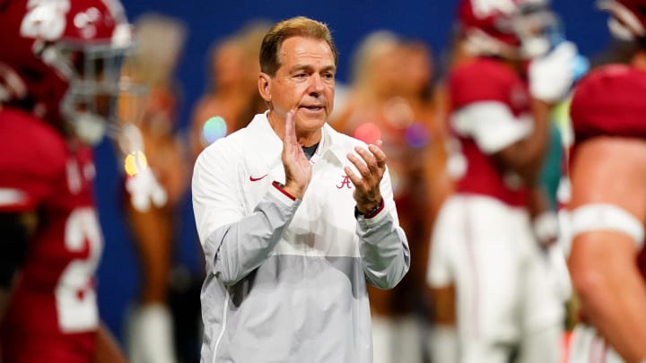 Dec 2, 2023; Atlanta, GA, USA; Alabama Crimson Tide head coach Nick Saban looks on before the SEC Championship game against the Georgia Bulldogs at Mercedes-Benz Stadium. Mandatory Credit: John David Mercer-USA TODAY Sports