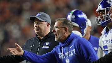 Nov 1, 2025; Auburn, Alabama, USA;  Kentucky Wildcats head coach Mark Stoops during the third quarter against the Auburn Tigers at Jordan-Hare Stadium. Mandatory Credit: John Reed-Imagn Images