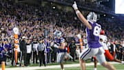 Nov 23, 2024; Manhattan, Kansas, USA; Kansas State Wildcats tight end Will Anciaux (80) celebrates a touchdown by tight end Will Swanson (83) during the fourth quarter at Bill Snyder Family Football Stadium. Mandatory Credit: Scott Sewell-Imagn Images