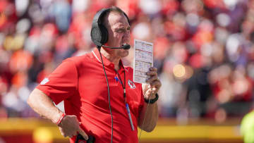 Sep 24, 2023; Kansas City, Missouri, USA; Kansas City Chiefs defensive coordinator Steve Spagnuolo watches play against the Chicago Bears during the game at GEHA Field at Arrowhead Stadium. Mandatory Credit: Denny Medley-USA TODAY Sports