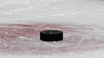 A hockey puck during the Stars' 3–1 win over the Blackhawks on Nov. 7, 2024.