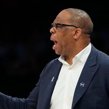 Mar 14, 2025; Charlotte, NC, USA; North Carolina Tar Heels head coach Hubert Davis reacts in the first half at Spectrum Center. 