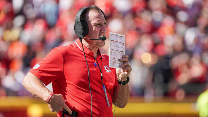 Sep 24, 2023; Kansas City, Missouri, USA; Kansas City Chiefs defensive coordinator Steve Spagnuolo watches play against the Chicago Bears during the game at GEHA Field at Arrowhead Stadium. Mandatory Credit: Denny Medley-USA TODAY Sports