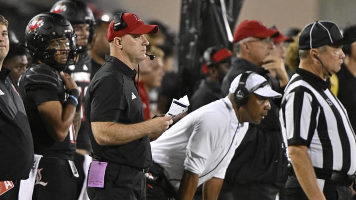 Sep 7, 2023; Louisville, Kentucky, USA; Louisville Cardinals head coach Jeff Brohm watches from the sideline during the second half against the Murray State Racers at L&N Federal Credit Union Stadium. 