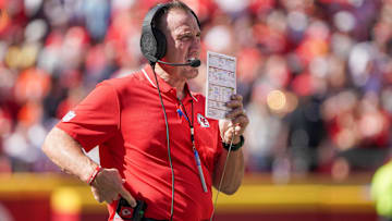 Sep 24, 2023; Kansas City, Missouri, USA; Kansas City Chiefs defensive coordinator Steve Spagnuolo watches play against the Chicago Bears during the game at GEHA Field at Arrowhead Stadium. Mandatory Credit: Denny Medley-Imagn Images