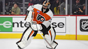 Jan 27, 2025; Philadelphia, Pennsylvania, USA; Philadelphia Flyers goaltender Samuel Ersson (33) against the New Jersey Devils at Wells Fargo Center. Mandatory Credit: Eric Hartline-Imagn Images