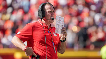 Sep 24, 2023; Kansas City, Missouri, USA; Kansas City Chiefs defensive coordinator Steve Spagnuolo watches play against the Chicago Bears during the game at GEHA Field at Arrowhead Stadium. Mandatory Credit: Denny Medley-Imagn Images