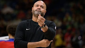 Detroit Pistons head coach J. B. Bickerstaff reacts against the New Orleans Pelicans during the first half at Smoothie King Center.