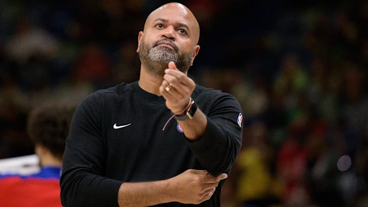 Detroit Pistons head coach J. B. Bickerstaff reacts against the New Orleans Pelicans during the first half at Smoothie King Center.