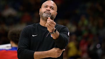 Detroit Pistons head coach J. B. Bickerstaff reacts against the New Orleans Pelicans during the first half at Smoothie King Center.