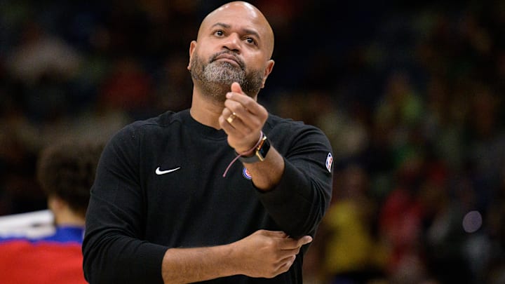 Detroit Pistons head coach J. B. Bickerstaff reacts against the New Orleans Pelicans during the first half at Smoothie King Center.