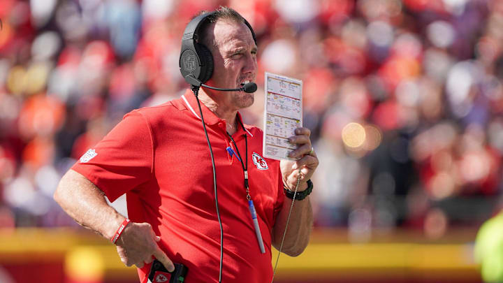 Sep 24, 2023; Kansas City, Missouri, USA; Kansas City Chiefs defensive coordinator Steve Spagnuolo watches play against the Chicago Bears during the game at GEHA Field at Arrowhead Stadium. Mandatory Credit: Denny Medley-Imagn Images