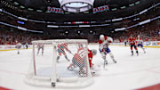 Apr 23, 2025; Washington, District of Columbia, USA; Washington Capitals goaltender Logan Thompson (48) makes a save on Montreal Canadiens right wing Josh Anderson (17) in the third period in game two of the first round of the 2025 Stanley Cup Playoffs at Capital One Arena. Mandatory Credit: Geoff Burke-Imagn Images