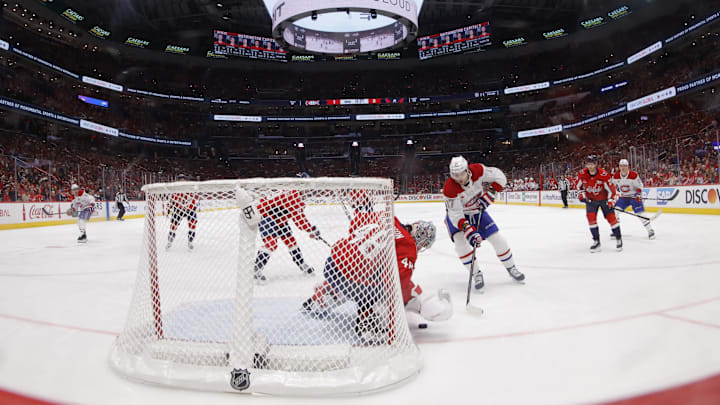 Apr 23, 2025; Washington, District of Columbia, USA; Washington Capitals goaltender Logan Thompson (48) makes a save on Montreal Canadiens right wing Josh Anderson (17) in the third period in game two of the first round of the 2025 Stanley Cup Playoffs at Capital One Arena. Mandatory Credit: Geoff Burke-Imagn Images