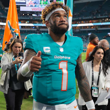 Miami Dolphins quarterback Tua Tagovailoa (1) reacts on the field after playing against the San Francisco 49ers at Hard Rock Stadium. 