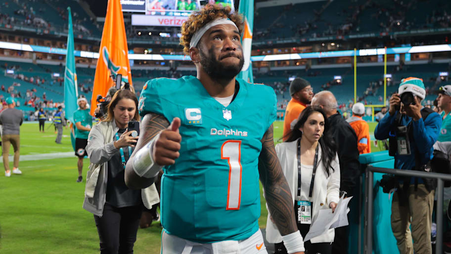 Miami Dolphins quarterback Tua Tagovailoa (1) reacts on the field after playing against the San Francisco 49ers at Hard Rock Stadium.  | Sam Navarro-Imagn Images