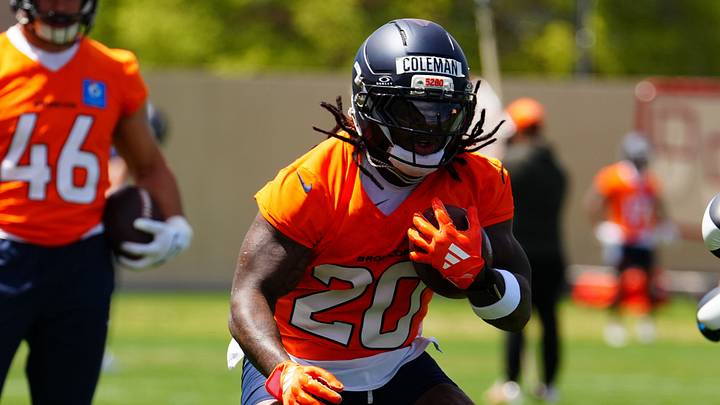 Denver Broncos rookie running back Jonah Coleman participates in a training camp practice ahead of the 2026 NFL season.