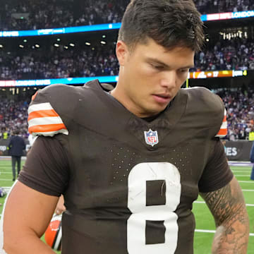 Oct 5, 2025; Tottenham, United Kingdom; Cleveland Browns quarterback Dillon Gabriel (8) walks off the field after their loss against the Minnesota Vikings in an NFL International Series game at Tottenham Hotspur Stadium. Mandatory Credit: Kirby Lee-Imagn Images