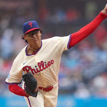 May 14, 2025; Philadelphia, Pennsylvania, USA; Philadelphia Phillies pitcher Jesus Luzardo (44) pitches during the second inning against the St. Louis Cardinals at Citizens Bank Park