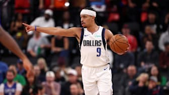 Nov 29, 2025; Inglewood, California, USA;  Dallas Mavericks guard Ryan Nembhard (9) brings the ball up court during the third quarter against the Los Angeles Clippers at Intuit Dome. Mandatory Credit: Kiyoshi Mio-Imagn Images