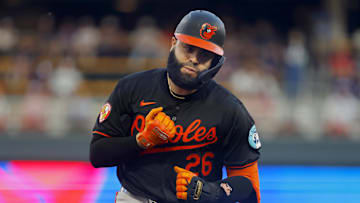 Sep 28, 2024; Minneapolis, Minnesota, USA; Baltimore Orioles third baseman Emmanuel Rivera (26) runs the bases after a two-run home run against the Minnesota Twins in the second inning at Target Field. Mandatory Credit: Bruce Kluckhohn-Imagn Images