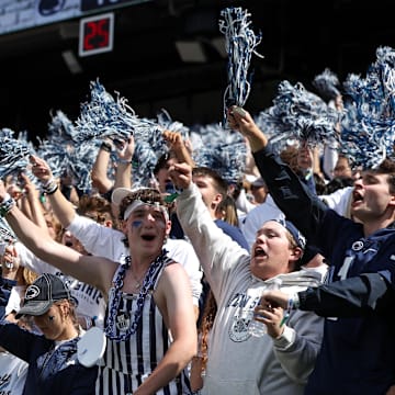 Penn State University students cheer during the third quarter against the Bowling Green Falcons at Beaver Stadium. 