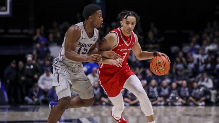 Nov 15, 2022; Cincinnati, Ohio, USA; Fairfield Stags guard Jalen Leach (3) dribbles against Xavier Musketeers guard KyKy Tandy (15) in the first half at Cintas Center. Mandatory Credit: Katie Stratman-USA TODAY Sports