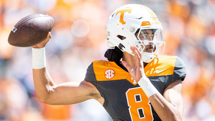 Tennessee quarterback Nico Iamaleava (8) during Tennessee's Orange & White spring football game at Neyland Stadium on Saturday, April 13, 2024.