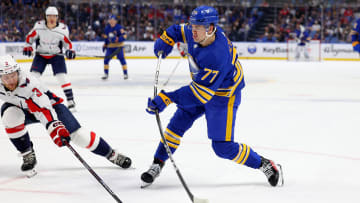 Apr 11, 2024; Buffalo, New York, USA;  Washington Capitals defenseman Nick Jensen (3) tries to block a shot by Buffalo Sabres right wing JJ Peterka (77) during the second period at KeyBank Center. Mandatory Credit: Timothy T. Ludwig-USA TODAY Sports