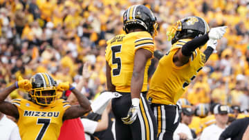 Oct 22, 2022; Columbia, Missouri, USA; Missouri Tigers wide receiver Luther Burden III (3) celebrates wide receiver Mookie Cooper (5) after scoring against the Vanderbilt Commodores during the first half of the game at Faurot Field at Memorial Stadium. Mandatory Credit: Denny Medley-USA TODAY Sports