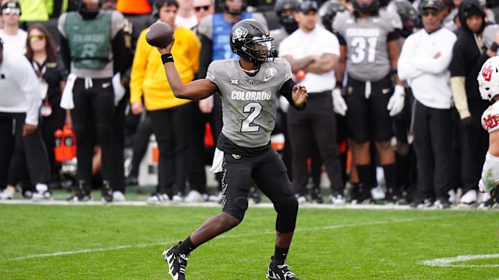 Nov 16, 2024; Boulder, Colorado, USA; Colorado Buffaloes quarterback Shedeur Sanders (2) prepares to pass in the second half against the Utah Utes at Folsom Field. Mandatory Credit: Ron Chenoy-Imagn Images Nov 16, 2024; Boulder, Colorado, USA; Colorado Buffaloes quarterback Shedeur Sanders (2) prepares to pass in the second half against the Utah Utes at Folsom Field. Mandatory Credit: Ron Chenoy-Imagn Images