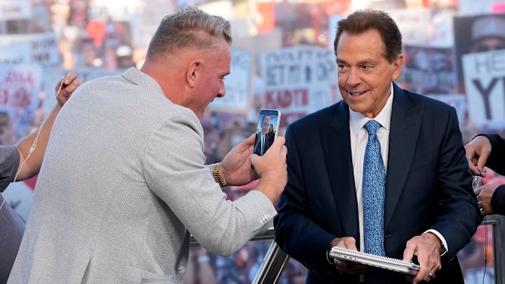 Pat McAfee takes a cell phone video of former Alabama coach Nick Saban during the Week 6 episode of "College GameDay" in Tuscaloosa. Pat McAfee takes a cell phone video of former Alabama coach Nick Saban during the Week 6 episode of "College GameDay" in Tuscaloosa.