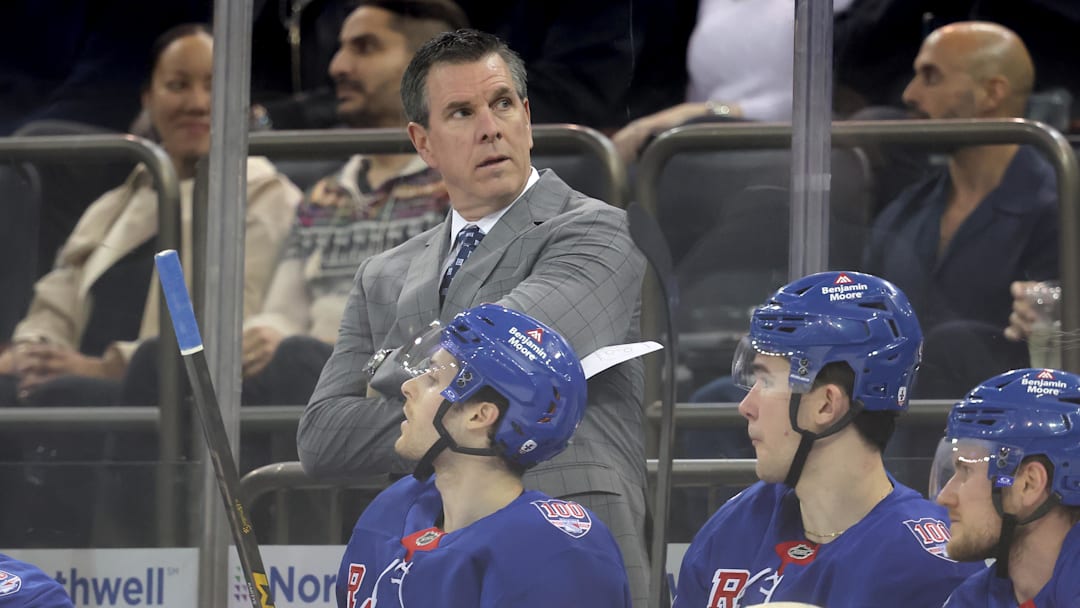 Mar 16, 2026; New York, New York, USA; New York Rangers head coach Mike Sullivan coaches against the Los Angeles Kings during the first period at Madison Square Garden. Mandatory Credit: Brad Penner-Imagn Images