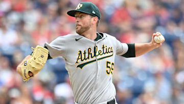 Jul 20, 2025; Cleveland, Ohio, USA; Athletics starting pitcher Jeffrey Springs (59) throws a pitch during the first inning against the Cleveland Guardians at Progressive Field. Mandatory Credit: Ken Blaze-Imagn Images
