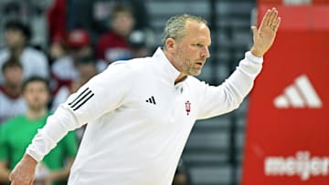 Indiana coach Darian Devries looks to high-five his players Nov. 20, 2025, against Lindenwood at Simon Skjodt Assembly Hall.